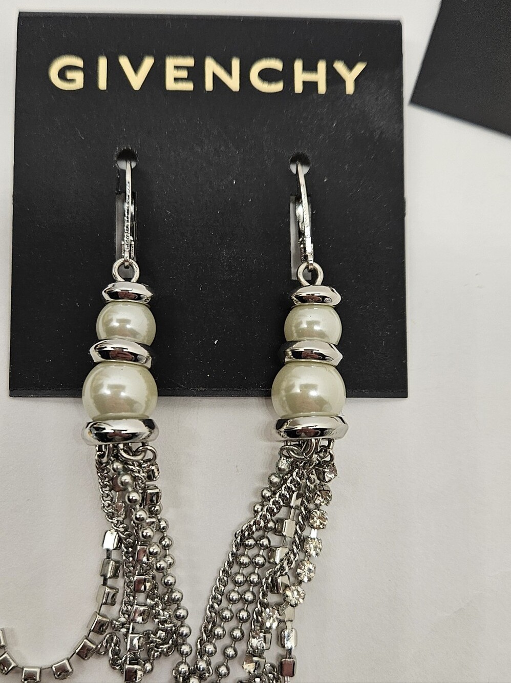 Givenchy Silver-Tone Pearl Rhinestones Drop Dangle Tassel Earrings